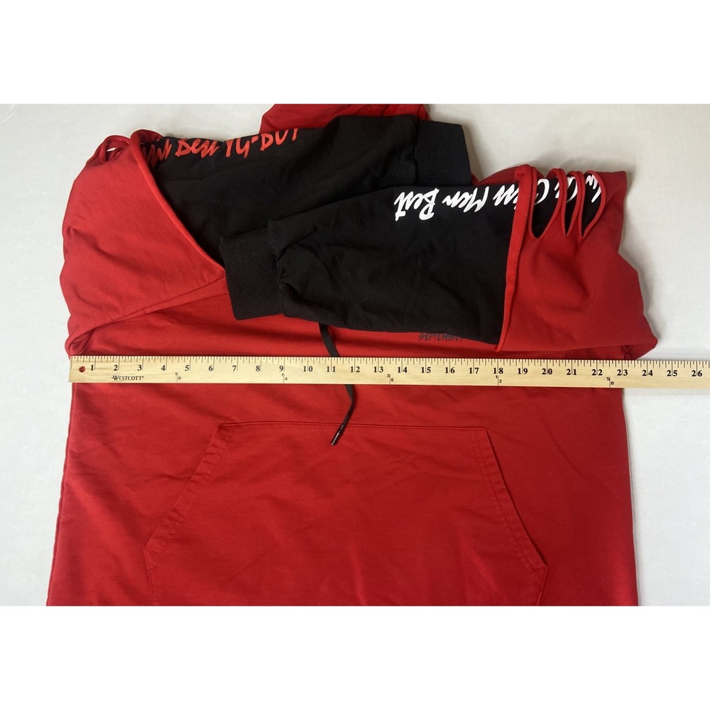 Yuge Fashion Red Black Layered Distressed Graphic Hoodie Mens 3XL Streetwear - Picture 6 of 16